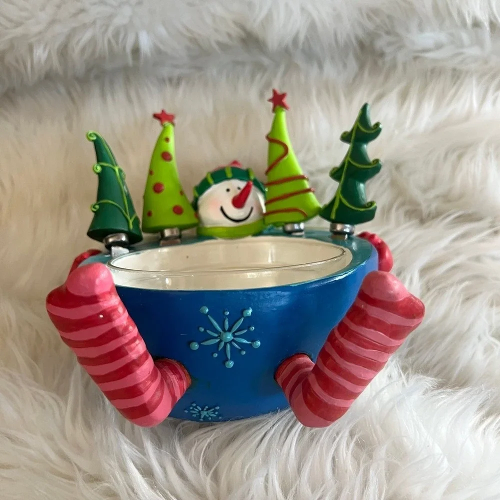 Snowman Christmas Dip Bowl Set with 4 Tree Handle Stainless Steel Spreaders